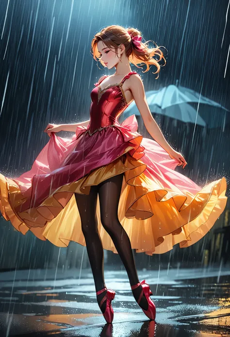 a portrait of female classical ballet prima ballerina dancing in the rain, a full body picture ((anatomically correct: 1.5)) of a exquisite beautiful female dancer wearing silk evening dress, intricate dress dynamic hair color, dynamic hair style, dynamic ...