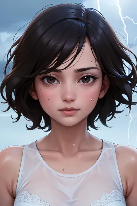 Viewers perspective, refreshing face, highest quality, highest resolution, detailed depiction, delicate depiction, diverse lighting, masterpiece, ultra-high resolution, photorealistic, highest quality, 8K, perfect, storm, windstorm, typhoon, white thin dre...
