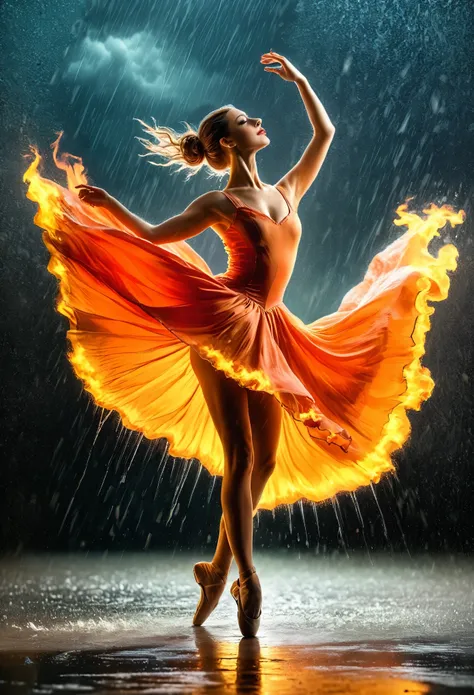 a portrait of female classical ballet prima ballerina dancing in the rain, a full body picture ((anatomically correct: 1.5)) of a exquisite beautiful female dancer wearing silk evening dress, intricate dress, (dress is on fire: 1.3), dynamic hair color, dy...
