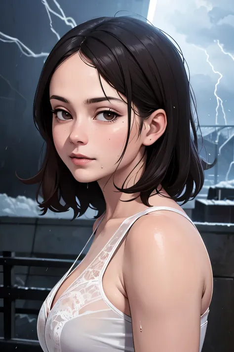 Viewers perspective, refreshing face, highest quality, highest resolution, detailed depiction, delicate depiction, diverse lighting, masterpiece, ultra-high resolution, photorealistic, highest quality, 8K, perfect, storm, windstorm, typhoon, white thin dre...