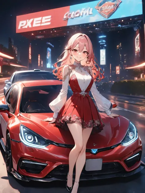 Highest quality, Highest quality, 16K, Unbelievably absurd, Very detailed, 2.5D, delicate and dynamic,woman,22 years old,Private Server,Elegance,Shiny Hair,smile,cute,Red car,Car chase