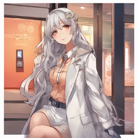 anime girl with long hair and white coat standing in a hallway, girls frontline style, from girls frontline, from arknights, portrait anime space cadet girl, cute anime girl, anime visual of a cute girl, silver hair girl, an anime girl, anime mecha aesthet...