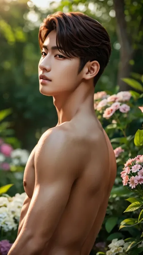 young man topless,Straight face shape,k pop idol,look at viewer,outdoor,beautiful light,deep shadow,best quality,Masterpiece,very high,realistic, brown eye profile,perfect shape, Film texture:1.5, With a summer flower garden as the backdrop., sunlight,Mast...