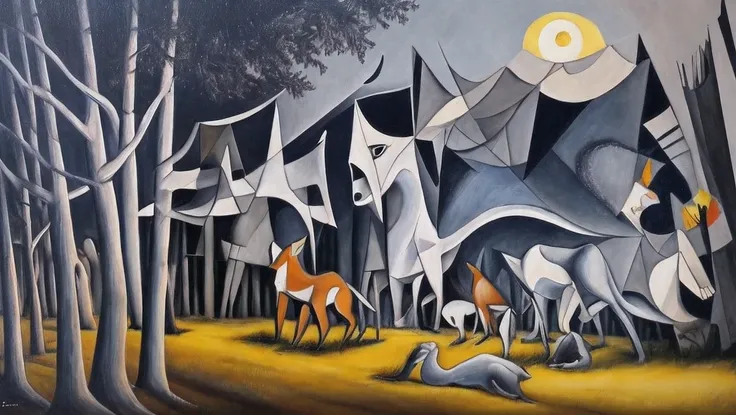 Quadro obra de arte pintura obra intitulada "Guernica":1.4 de Picasso, photo realistic, to mixed elements-with-the-foxs-character-from-the-little-prince:1.3,  gray-scale:1.2