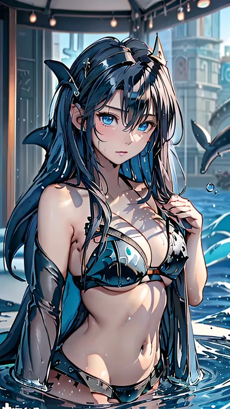 最high quality、Best image quality、masterpiece、With a girl((cute、16 years old、Best Bust、Medium Bust、Beautiful Blue Eyes、Spread your chest wide,Black Hair、Disheveled Hair、thin、Highest Valley、Black Bikini(1:2)、My whole body is wet、swim、Sea Floating、Have a cide...