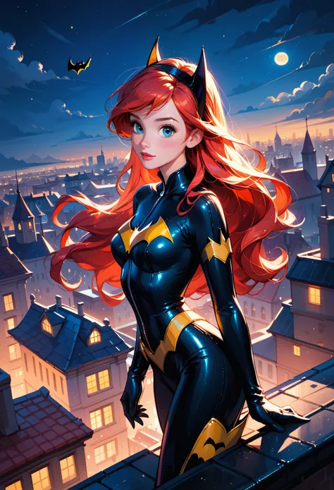 score_9, score_8_up, score_7_up, score_6_up, 1girl, solo, (Disneys Princess Ariel:1.3), wearing (Batgirl suit:1.2), (three quartershot:1.1), city rooftop, night, cinematic lighting.