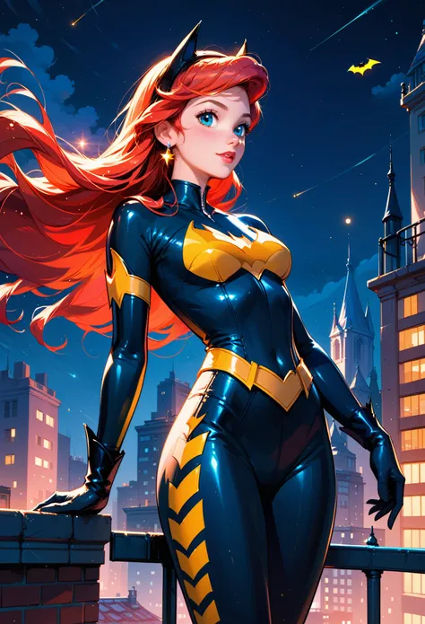 score_9, score_8_up, score_7_up, score_6_up, 1girl, solo, (Disneys Princess Ariel:1.3), wearing (Batgirl suit:1.2), (three quartershot:1.1), city rooftop, night, cinematic lighting.