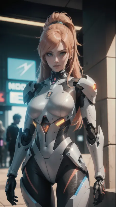 female,robot ,female,robot cyborg mech, peach hair, cyberpunk:0.35, perfect lighting, perfect shading, detailed, intricate, (perfect body), beautiful face, flowing hair, ((full torso)), photorealistic:1.35, mature adult:1.4,