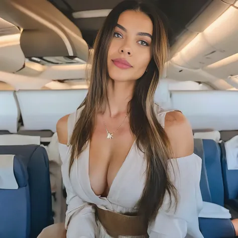 
 26-year-old woman from cuba  sitting elegantly on a plane. She has black long hair,  faced to camera, flirty face, smile, 
 Fox-shaped eyes, eyes Vivid light-blue. classic beauty lips . 
 sharp focus, detailed skin,realistic skin texture, detailed eyes, ...