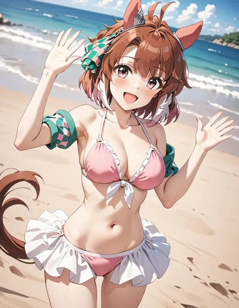 1girl,dantsu_flame(umamusume),horse tail,horse ears, daiwa scarlet (trifle vacation) (umamusume)(cosplay),low twintails,(((pink bikini))),green sandals, horse tail,standing,full body,looking at viewer,waving,smile,closed eyes,open mouth,beach,sea,ai-genera...