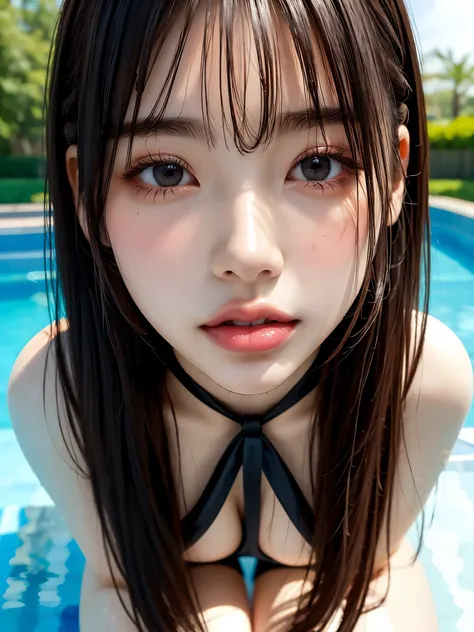 (((By the pool)))、Perfect body、1 girl、solo、Micro Ultra High Leotard、Ultra high leg 、masterpiece、Highest quality、Realistic、Hyper Detail、(Glowing Skin)、Absurd、Looking into the camera、Black-haired、Brown eyes、Slender、Dynamic Lighting、High resolution、Sharp focu...