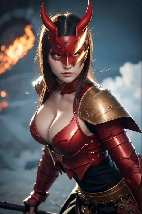 8k,(Samurai)、Devil Mask、Super Beauty(Like the real thing)、Red Armor Solo Adult Devil Woman、Muscular macho body type,Super Muscular Beauty,Bodybuilding,(Equipped with a long and large spear)、Mature Woman Big Woman Devil。Sturdy jaw(Like the real thing),Stand...