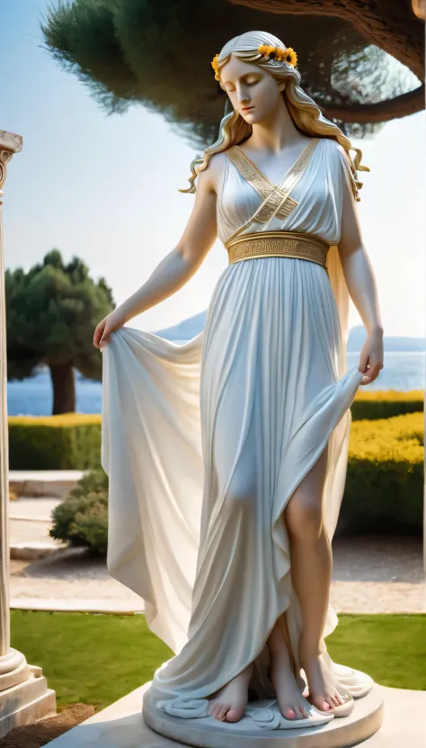 (8k, Highest quality, masterpiece)，(Realistic, RAW Photos, Super Fine Clear), Realistic Light, Detailed skin, Beautiful girl sculpture, Stone statue, ((25 year old girl, Statue of Nikke from Greek mythology:1.5)), Thin legs, fine grain, Long white hair, De...