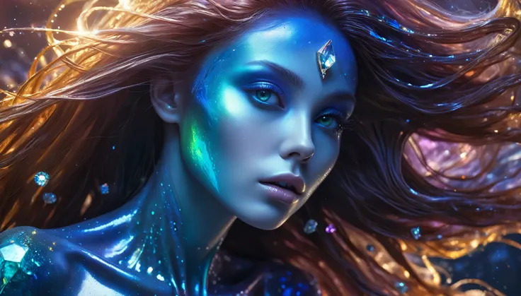 An alien girl whose body is made of minerals, diamond, Topaz, (best quality, highres, ultra-detailed), portraits, vivid colors, studio lighting, realistic, long hair flowing in the wind, sparkling eyes, otherworldly beauty, surreal atmosphere