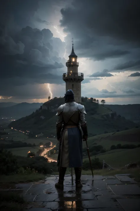 a knight stands on a tower and looks at a fantasy landscape with rain and lightening