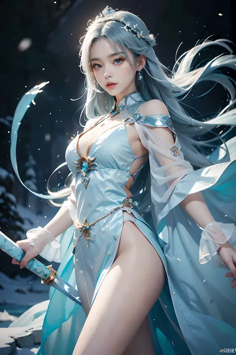 One girl,Ice Blue Dress, Silver Jade Kion, Wearing a jade phoenix crown, Holds the Snow Lotus Sword, Approaching figure, Wandering Alone, 雪に覆われたice lake, Deep pine forest, White snow, ice lake, Ice cold, As graceful as jade, Noble and mysterious, One girl,...