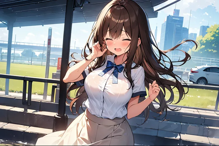 (Masterpiece, Top quality: 1.5) ,(1 girl, solo :1.2),  (large breasts:1.4), (cute design short-sleeved shirt, midi skirt:1.4), standard weight, (brown hair:1.4), (airy hair, wavy hair:1.3), long hair ,asymmetry bangs, swept bangs, 12 year old, smile:1.2, (...