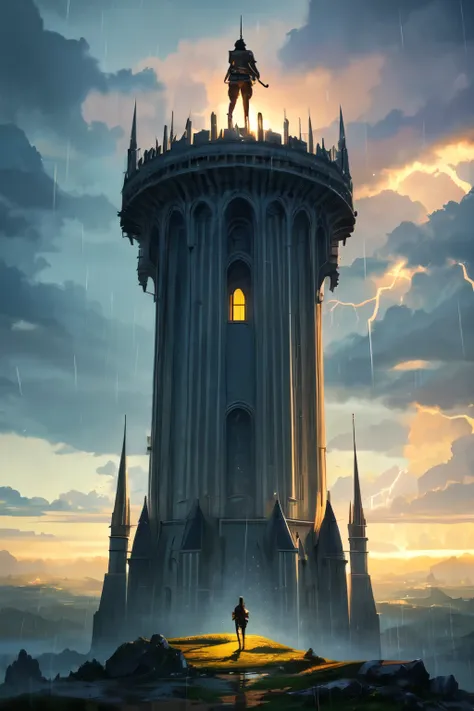 a knight stands on a tower and looks at a fantasy landscape with rain and lightening