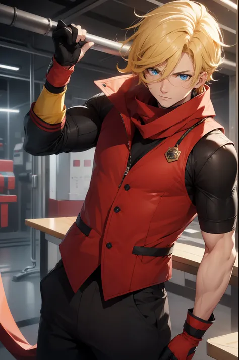 (26 years old), (male), Yellow hair, (Blue eyes), (whisker mark), (wavy hair), red scarf, red vest, sleeveless, black pants, black gloves, Athletic body, up to legs