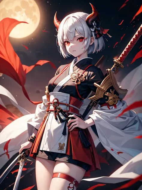 anime girl with white short hair, wearing red horns, with sword and blood splattered on her face, red combination shirt, black and a little white, right eye is red, left eye is orange, Onmyoji detailed art, Onmyoji, demon anime girl, Demon Slayer Artstyle,...