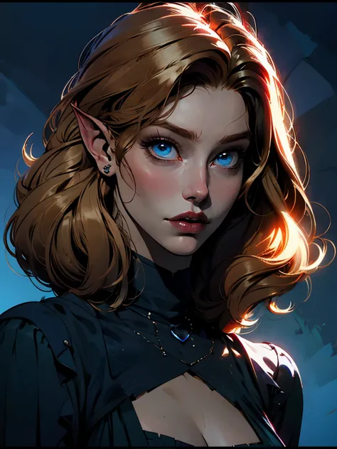  beautiful blond elven woman in her 30s, with blue eyes and striking features, exuding maturity and allure in a seductive pose.(dark-blue background), pointy ears, glowing eyes, beauty, blond medium hair, an14