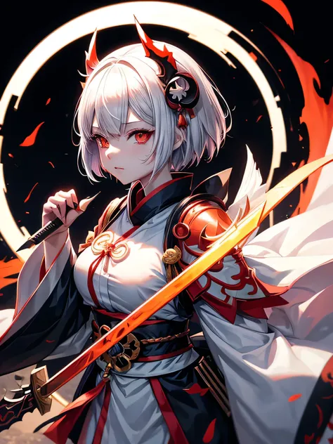 anime girl with white short hair, wearing horns, with sword and blood splattered on her face, red combination shirt, black and a little white, right eye is red, left eye is orange, Onmyoji detailed art, Onmyoji, demon anime girl, Demon Slayer Artstyle, bad...