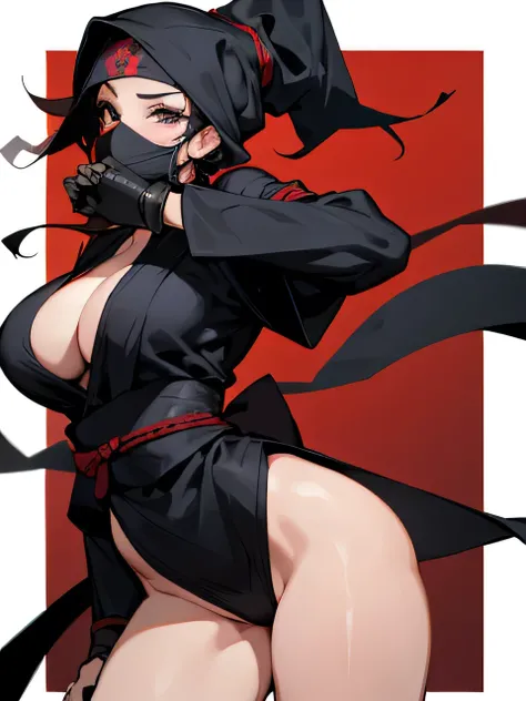 Its ninja female, Black ninja robe and head covering to cover the face like a ninja, Big breasts and big, tight thighs, black hair, Wearing a full-coverage outfit like a mysterious ninja, black eye,