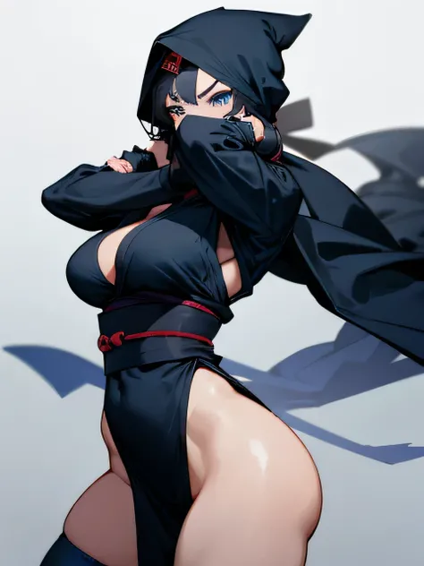 Its ninja female, Black ninja robe and head covering to cover the face like a ninja, Big breasts and big, tight thighs, black hair, Wearing a full-coverage outfit like a mysterious ninja, dark blue eyes,