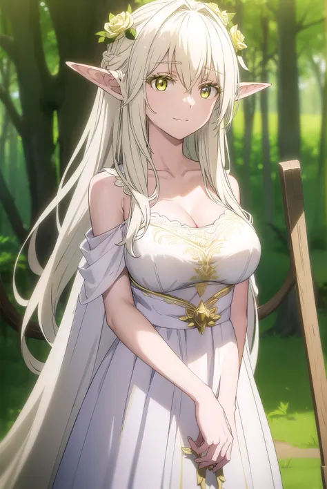 forestprincess, forest princess, long hair, hair ornament, hair between eyes, (yellow eyes:1.3), white hair, flowers, pointy ear...