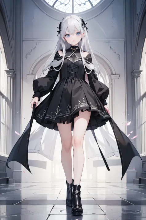 masterpiece,Highest quality,Very detailed,beautiful girl,Silver Hair, teenager, full body,Perfect Face,Beautiful and detailed eyes,Beautiful Skin,skinny,Dynamic,Black Dress,Grim Reaper&#39;s Scythe