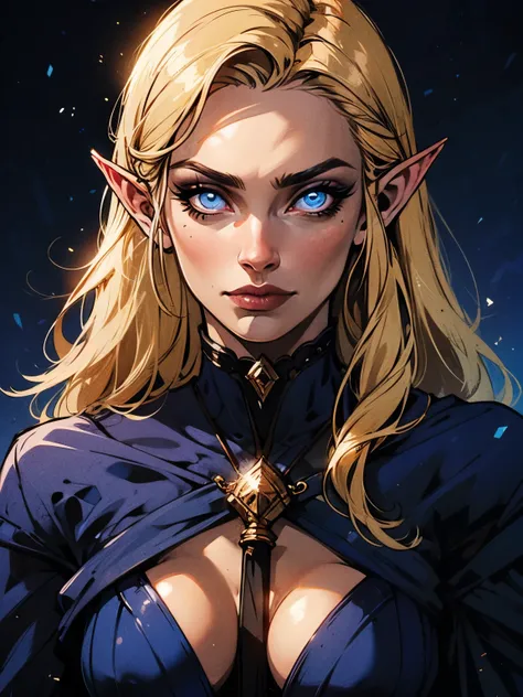  beautiful blond elven woman in her 30s, with blue eyes and striking features, exuding maturity and allure in a seductive pose.(dark-blue background), pointy ears, glowing eyes, beauty, blond medium hair, an14