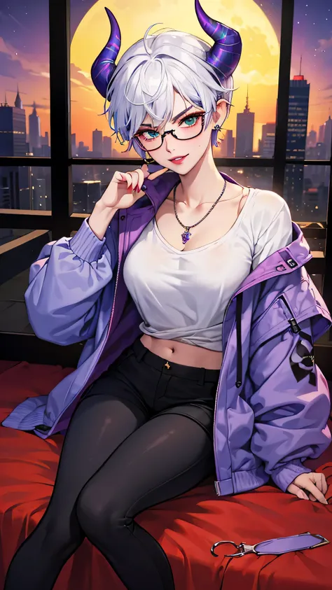 8k, masterpiece, best quality, highly detailed, 1 girl, tiefling, warlock, pixie cut, multicolored hair, very short straight hair green highlight hair on white hair, strippled hair, wearing glasses, round glasses, sexy, earrings, navel piercing, red eyesha...