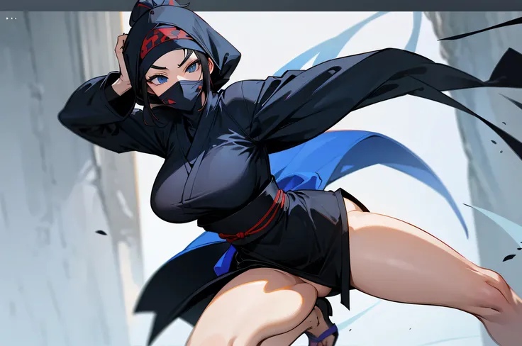 Its ninja female, Black ninja robe and head covering to cover the face like a ninja, Big breasts and big, tight thighs, black hair, Wearing a full-coverage outfit like a mysterious ninja, dark blue eyes, sexy post,