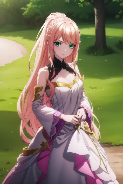 lexiavonarselia, lexia von arselia, long hair, blonde hair, (green eyes:1.5), ponytail, pink hair, big breast, visible chest, large breast, BREAK dress, bare shoulders, detached sleeves, white dress, BREAK looking at viewer, full body, BREAK outdoors, fore...