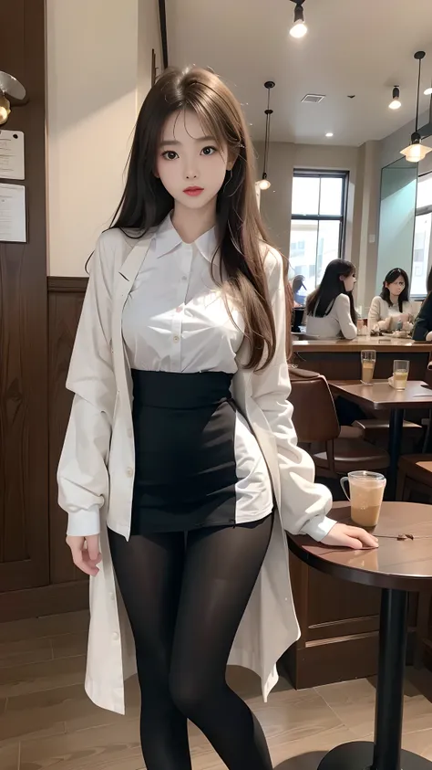 ulzzang-6500-v1.1, (RAW photo: 1.2), (Real photo), (Real photo: 1.4), 1 girl、Perfect anatomy、20 years old、Looking at the camera、Medium length hair、dress, drinking coffee, ((in a cafe: 1.1))、(Hyperrealistic tights: 1.2), (Business service)、Asian eyes Ella,