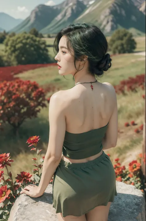 (((best quality))),(((ultra detailed))),(((masterpiece))),illustration,((1 beautiful girl,tomboy,solo)),(short black hair:1.3),((slim,thin)),((strapless,bare back)),vigorous, confident, (light green tank top:1.3), (dark green skirt:1.2),(standing:1.3),simp...