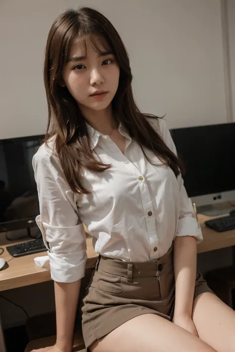 Beautiful Korean girl wearing a  and her uniform has 3 buttons unbuttoned