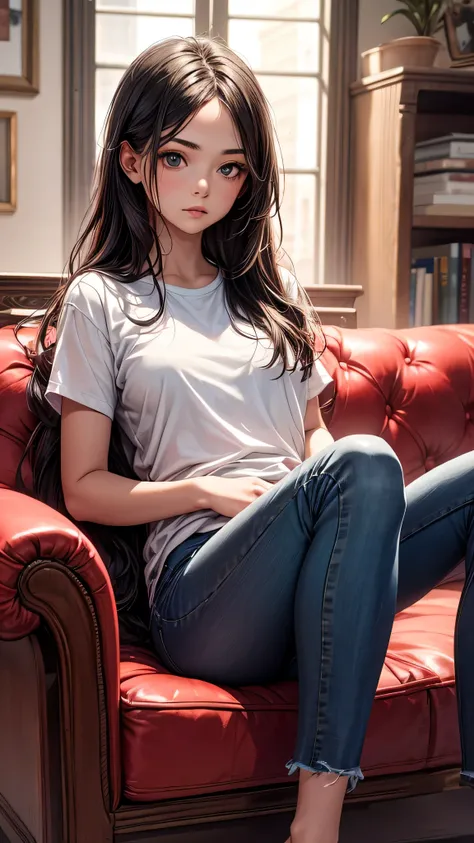 One girl,alone,Highest quality, masterpiece, 8k,born photograph, photograph (object), Very detailed, born,Realistic,Sitting, View your viewers,jeans,White T-shirt,Long Hair,Black Hair, sofa,