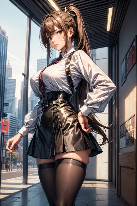 (masterpiece, Highest quality), Intricate details, 8k, Art Station, wallpaper, Official Art,  Sharp focus, One girl,Toned body、 Long Hair,ponytail,  Brown Hair, , office lady,White patent leather shirt、Black enamel tight skirt、tights、 printing, Cold Eyes ,...