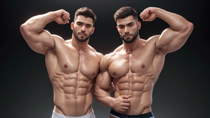 (((short hair)))，Short hair，Two 30-year-old handsome muscular men with stubble, (((Two muscular men stroking)))，Big nipples，very handsome, Perfect facial features, No clothes, Armpit Hair, Pure black background, Fit body, Perfect composition,  beard,Bodybu...