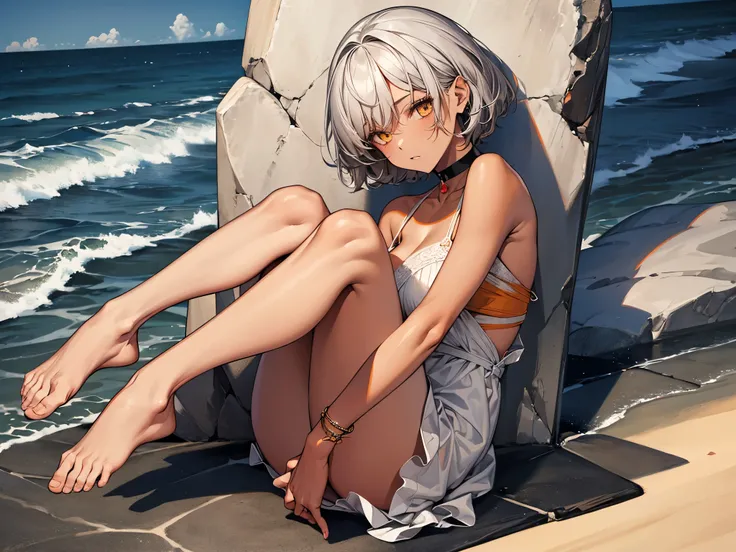 masterpiece, Highest quality, Perfect Face, Highest Resolution, Highest quality,Detailed depiction of the eyes, 8k, 1 girl, young, dark tan skin, slate gray hair, short hair, upturned eyes, Yellow Orange eyes, ribbon choker, Seaside, Relax, Correct foot sh...