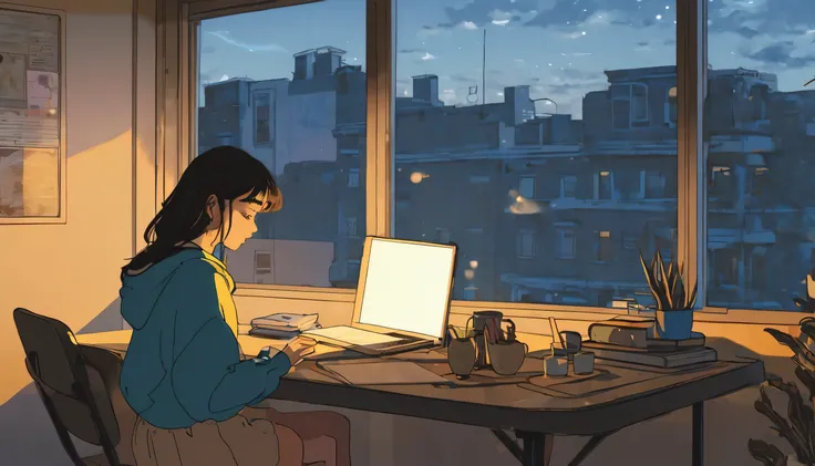 a girl in lofi style at a table with a computer facing a window studying, it&#39;s raining, It&#39;s 5 o&#39;clock in the morning, a mug of coffee next to the computer, she is wearing warm clothes in cold weather, socks and cold cap, a cute cat next to her...