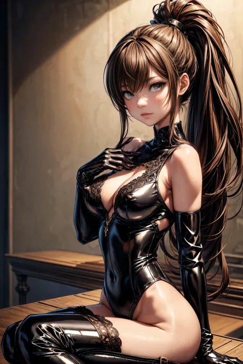 (masterpiece, Highest quality), Intricate details, 8k, Art Station, wallpaper, Official Art,  Sharp focus、One girl,Toned body、 Long Hair,ponytail,  Brown Hair, NSFW,Plain body stockings、Nipples、Slut、 Patent leather long gloves、Patent leather long boots、