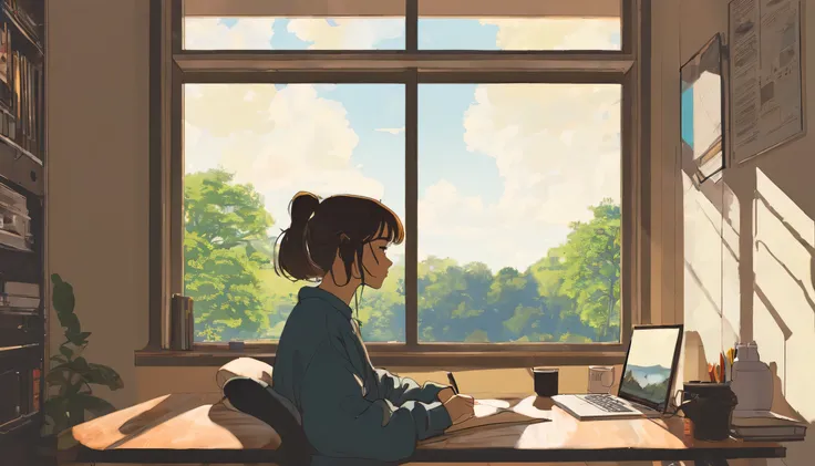 a girl in lofi style at a table with a computer facing a window studying, it&#39;s raining, It&#39;s 5 o&#39;clock in the morning, a mug of coffee next to the computer, she is wearing warm clothes in cold weather, socks and cold cap, a cute cat next to her...