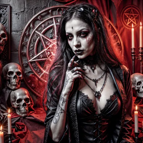 Gothic woman with blood makeup and makeup art in a gothic setting., gothic fantasy art, gothic horror vibes, God of Death, Gothic art, gothic maiden of darkness, Holy vampire, Gothic art style, scary horrible satanic rituals, adorned with demon skulls, dar...