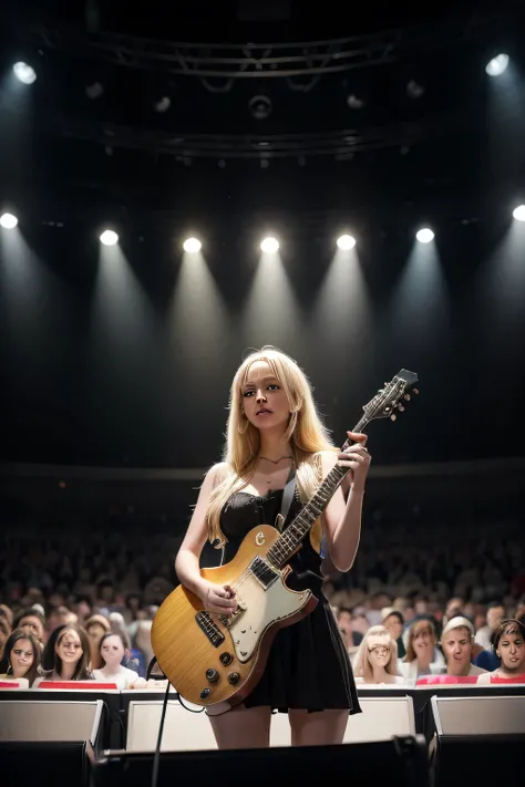 a blonde woman ( @micaela), with a guitar in hand.
in a live show,
on a lit stage,
and large audience.