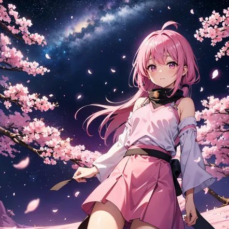 Sky background with sakura petals, space fantasy landscape in dark pink tones