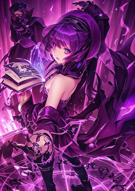 A woman in purple clothes holds a book and a,  Shadowverse Style, Alchemy Girl, Holy Necromancer Girl, , Devil anime girl, Light novel cover, Ink art animation , ,Gothic girl anime girl