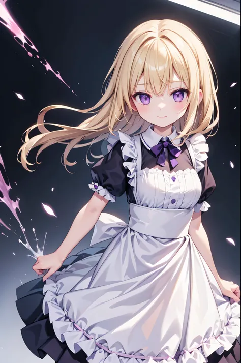 high resolution,smile,woman,woman1人,adult,cute, Medium Hair, Blonde Hair,BREAK,
Purple eyes,Maid clothes,BREAK,Facing forward,BREAK,Light blue background,