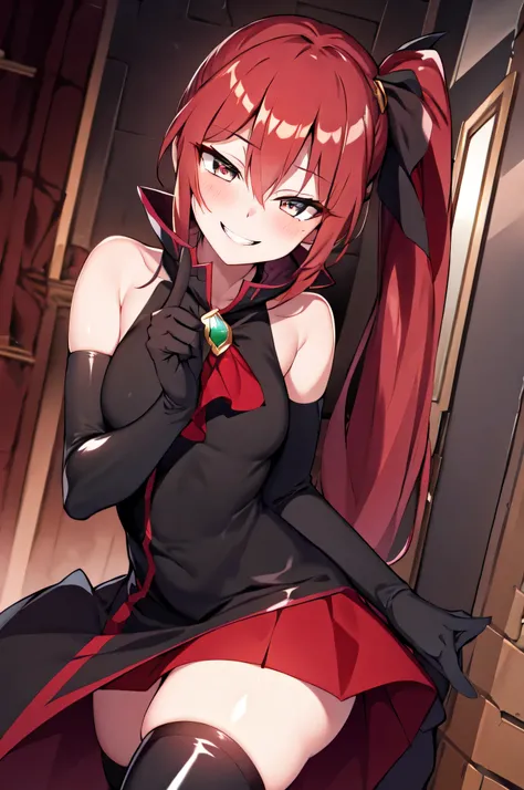 Highest quality, masterpiece, One Girl,Not beautiful, Red Ponytail, Long dress, brooch, Hair Ribbon, Black knee socks, Standing on the rubble, (Wicked Smile:1.1), ,,Dark shadowed face,Sadistic smile,Malice,Contempt,smile,latex,Bad face,,Red Skirt,two han...